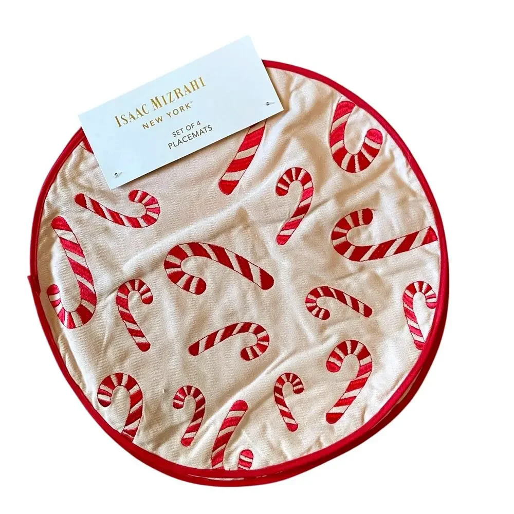 Isaac Mizrahi CANDY CANE Christmas Placemats 15in Embroidered Cotton Pink & Red